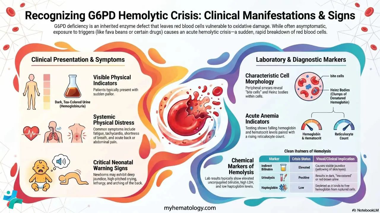 Clinical manifestations of G6PD hemolytic crisis