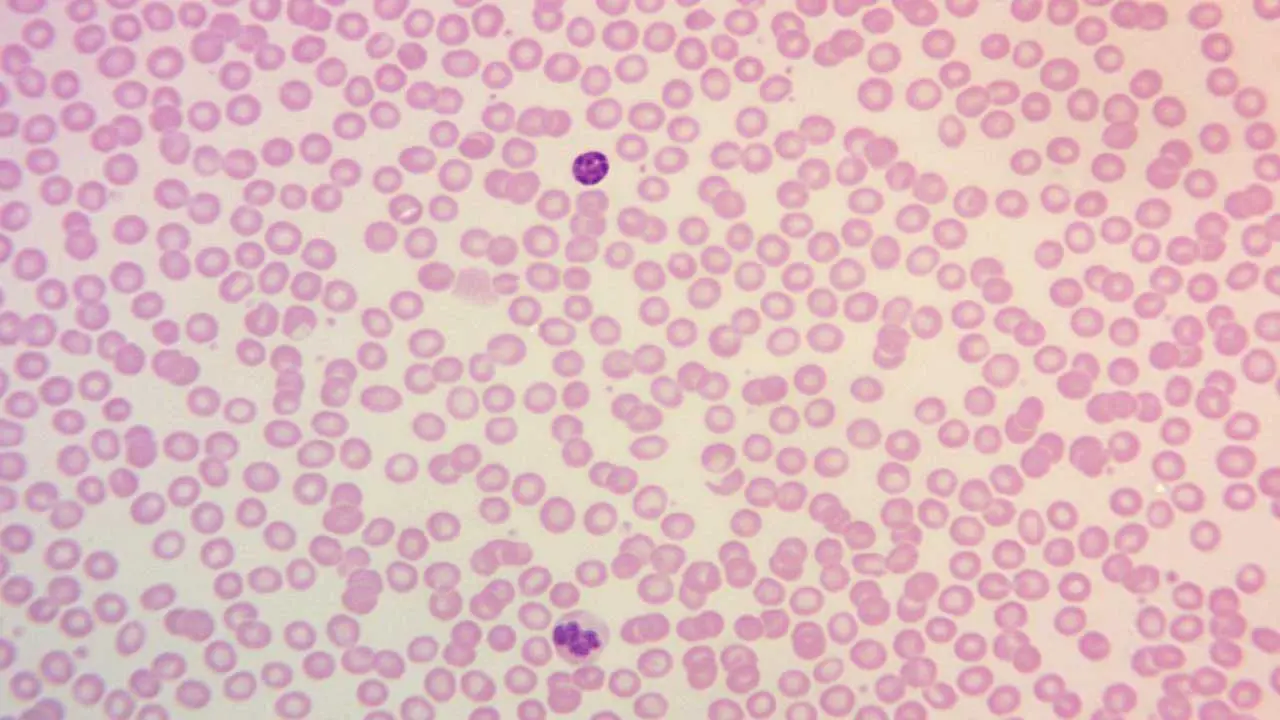 Image depicting a normal peripheral blood smear using Leishman stain, highlighting the consistent size and shape of red blood cells with central pallor occupying approximately one-third of their diameter