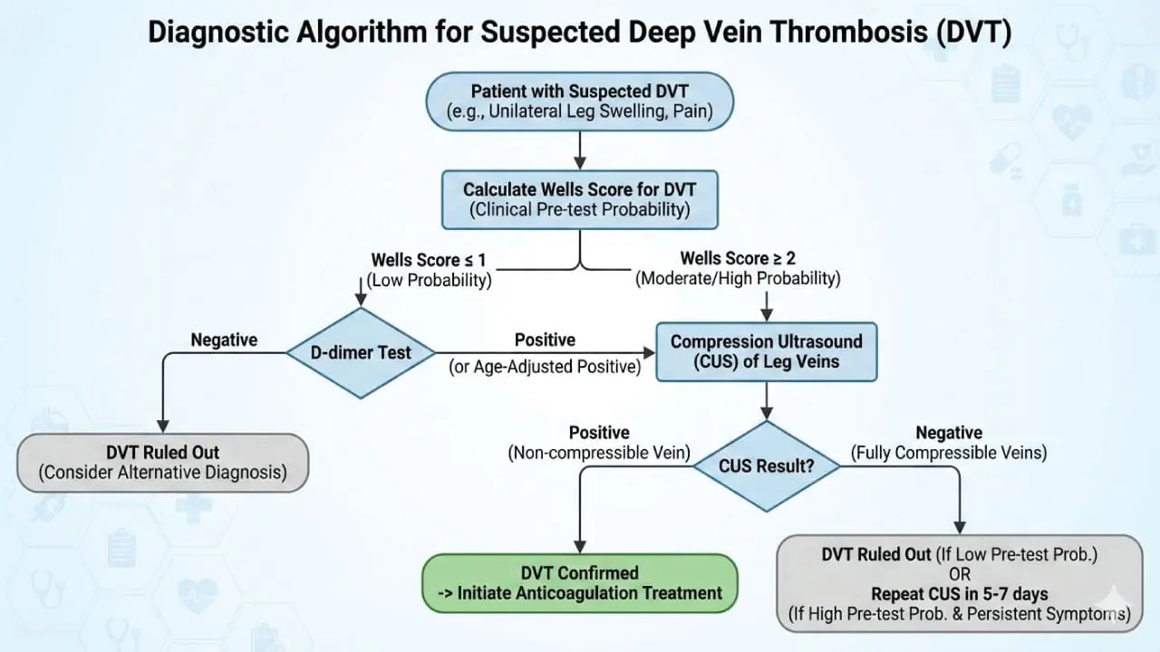 Diagnostic algorithm for suspected deep vein thrombosis or DVT.