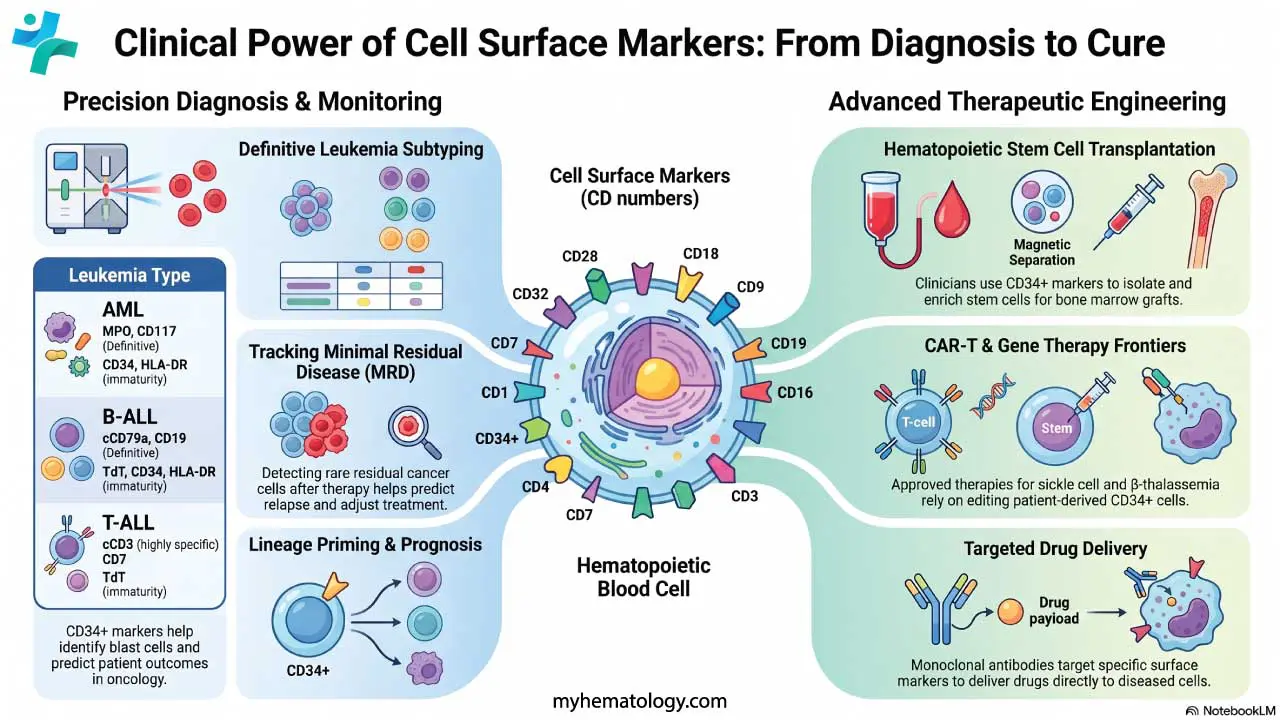 Clinical applications of cell surface markers like CD34
