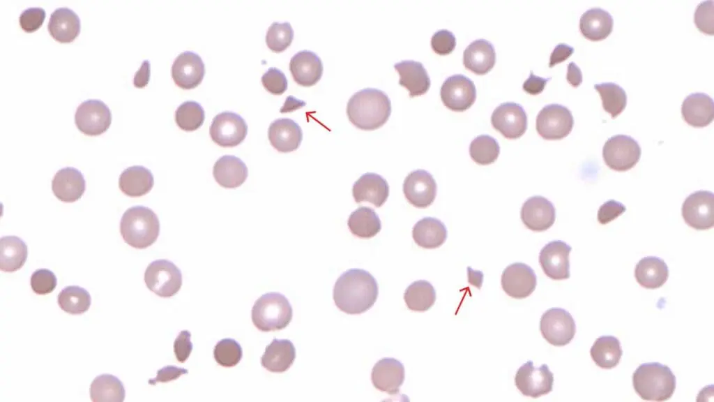 Schistocytes are fragmented red cells due to mechanical stress. Schistocyte red blood cell morphology can be caused by microangiopathic hemolytic anemia, heart valve abnormalities and even severe burns.