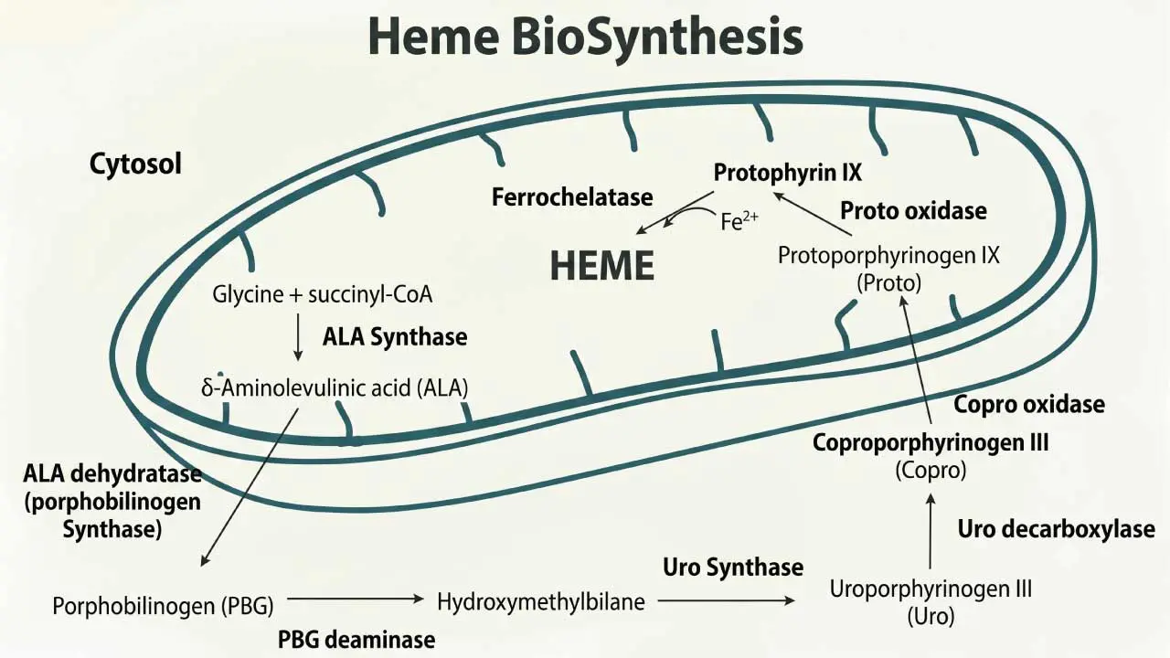 A schematic diagram of the heme biosynthesis pathway