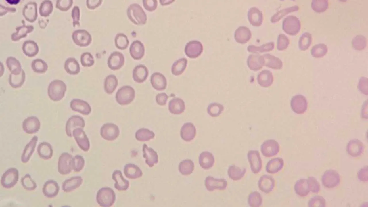 Microscopic examination of a blood smear reveals severe iron deficiency anemia, the most common cause of hypochromic microcytic anemia. The red blood cells are small (microcytosis) and pale (hypochromia), with some showing a target shape (target cells). Additionally, there's a significant variation in both size and shape of the red blood cells (marked anisopoikilocytosis).