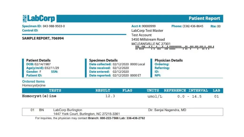 LabCorp homocysteine blood test laboratory results report.